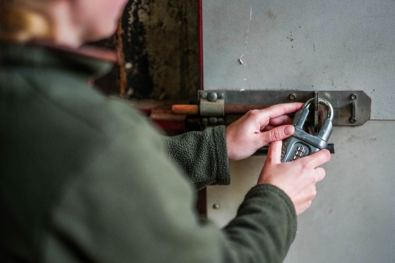 Person securing a metal door with a combination padlock.