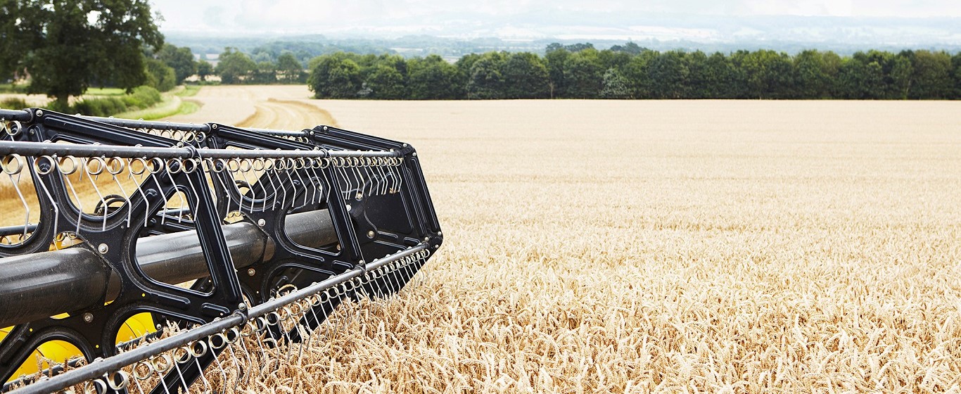 Combine harvester header positioned at the edge of a ripe wheat field, with rolling countryside and trees in the distance.