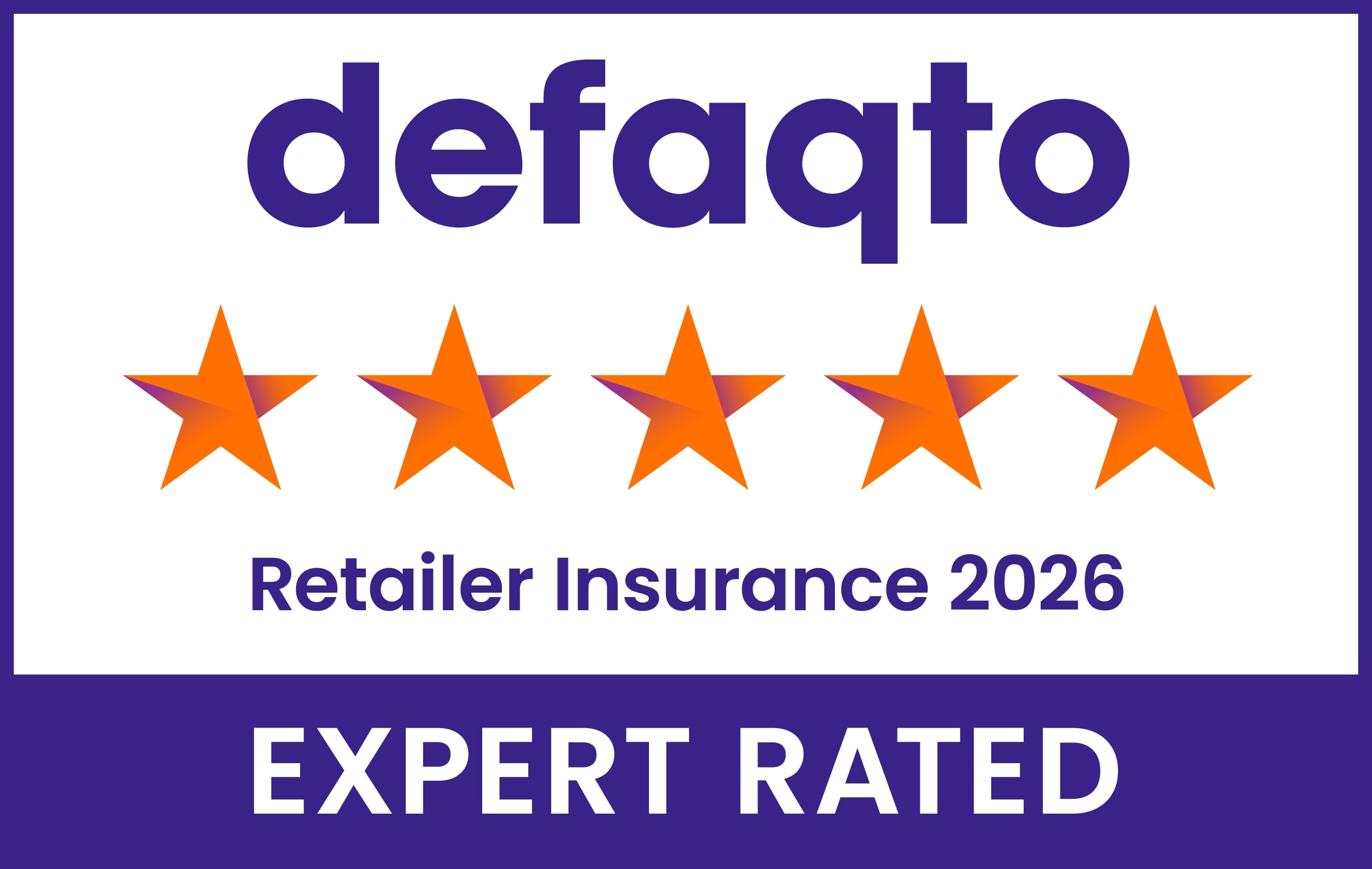 Defaqto 5‑Star Expert Rated badge for Retailer Insurance 2026.