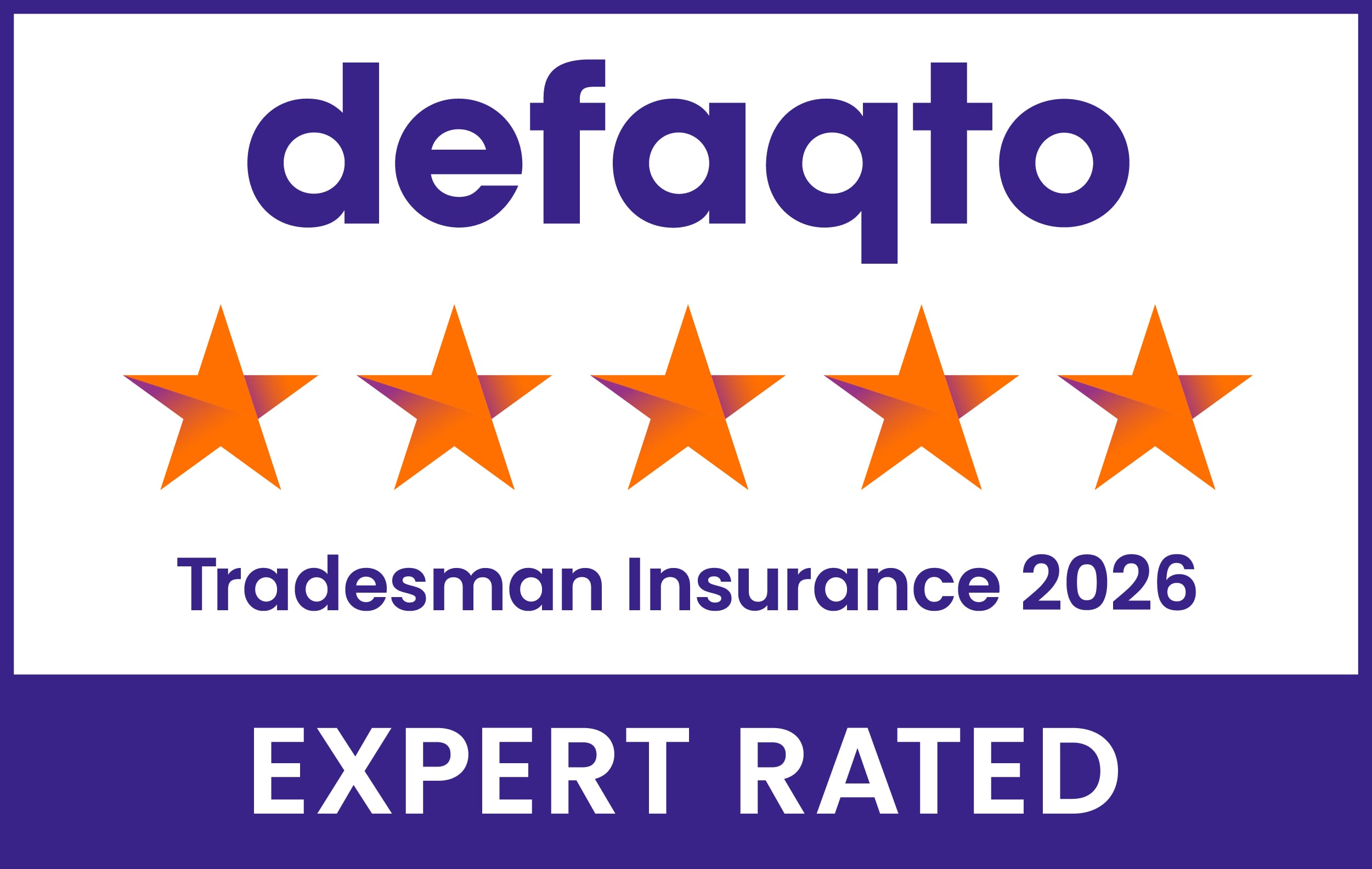 Defaqto 2026 5 Star Expert Rated award badge for tradesman insurance, featuring five stars and the Defaqto logo.