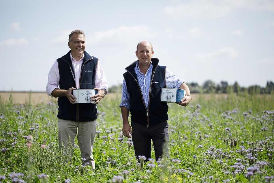 Two people standing in a flowered field holding Tipplemill products