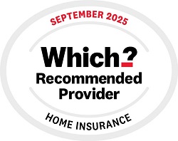 Badge displaying ‘Which? Recommended Provider’ for Home Insurance, dated September 2025, shown inside a grey oval border.