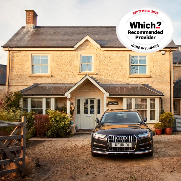 Stone family home with a car parked in the driveway, featuring a Which? Recommended Provider Home Insurance badge (September 2025)