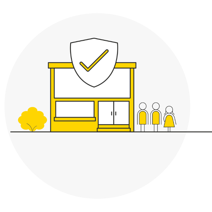 Illustration of a house with a shield and checkmark above it, next to a family, symbolising Business Protection Insurance.