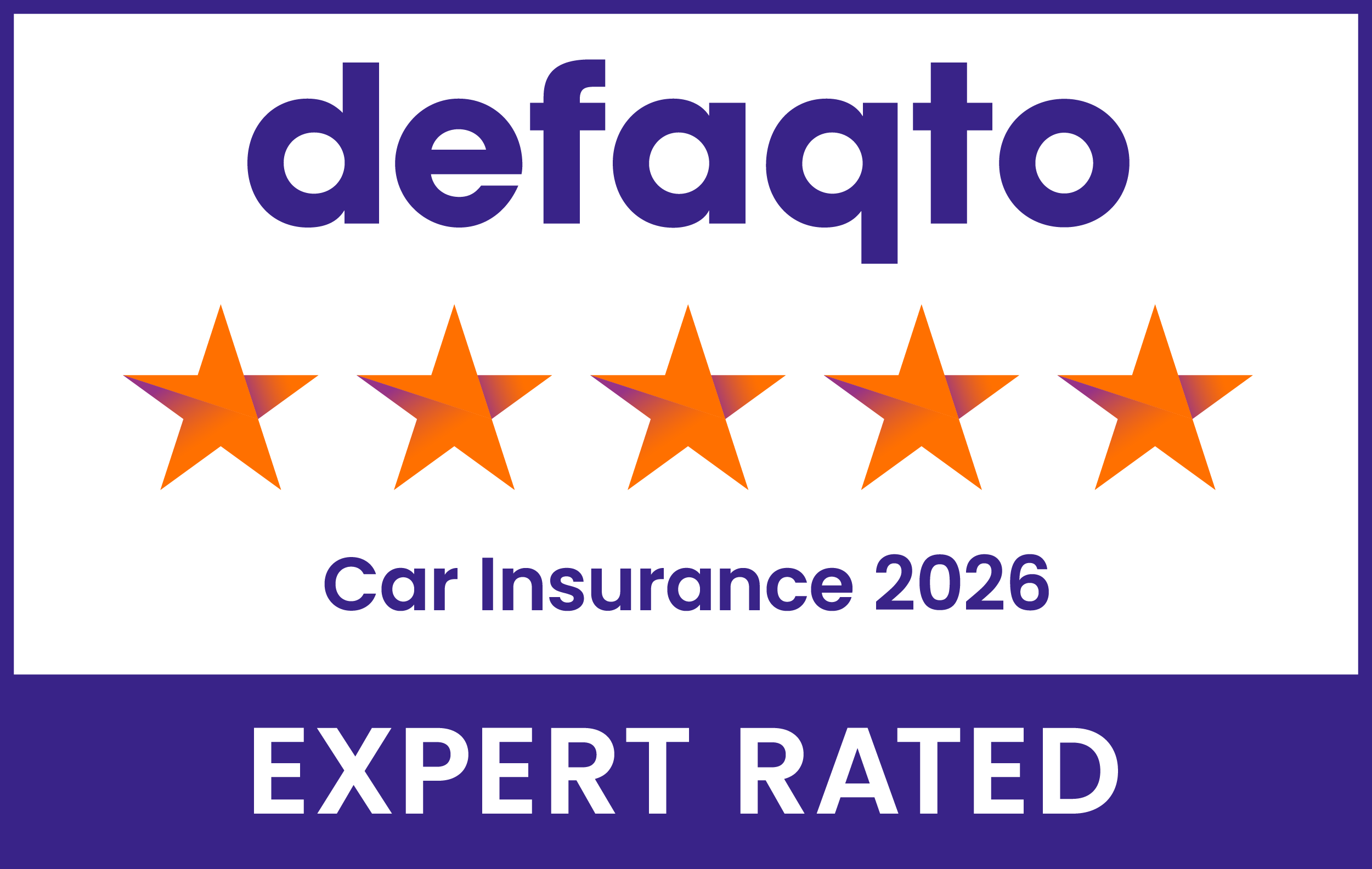 Defaqto 5 Star Expert Rated award badge for car insurance, displaying five stars and the Defaqto logo.