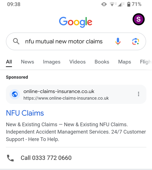 Mobile screenshot of a Google search for “nfu mutual new motor claims,” showing a sponsored advert for “NFU Claims” from online-claims-insurance.co.uk with a contact phone number displayed.