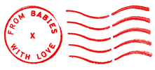 Red postage‑style stamp design with the words ‘From Babies With Love’ and wavy postal lines.