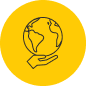 Yellow circular icon showing an outline of a hand holding a globe.