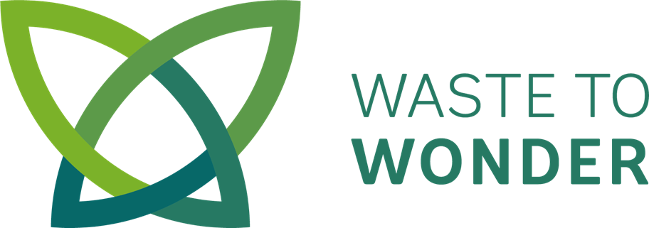 Waste to Wonder logo featuring a stylised interwoven leaf design in green and teal, alongside the words “WASTE TO WONDER.”